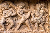 The great Chola temples of Tamil Nadu - The Airavatesvara temple of Darasuram. Detail of the panels of the prakara-wall with scenes of dance.